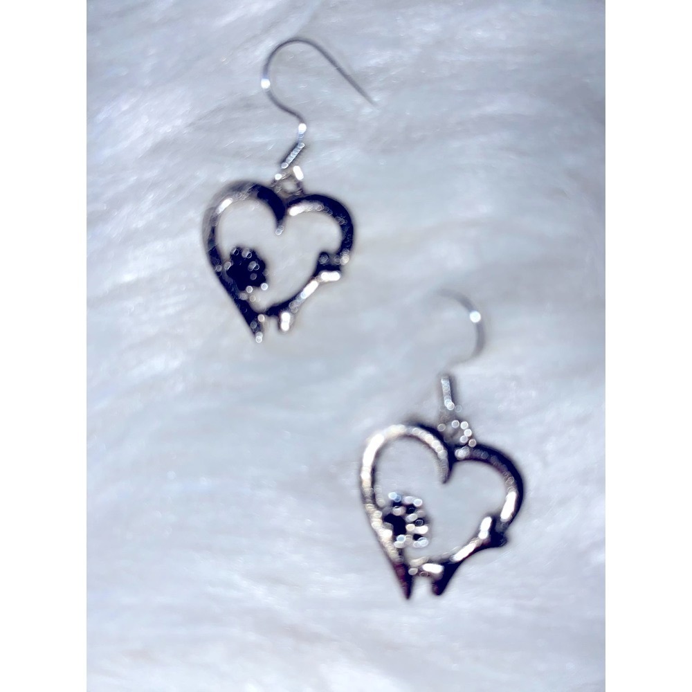 Adorable, heart shaped silver‎ plated earrings with doggy paw and bone